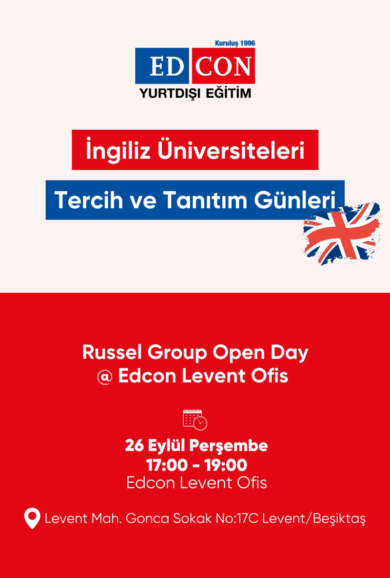 İngiliz Üniversiteleri Tercih ve Tanıtım Günleri afişi: 26 Eylül Perşembe, 17.00–19.00, EDCON Levent Ofisi. Afişte yıl belirtilmemiş.